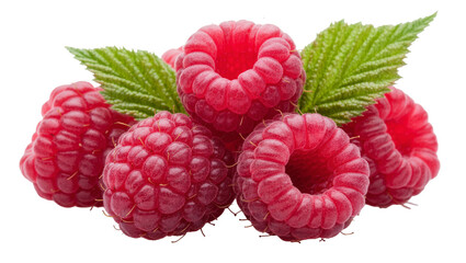 Vibrant red raspberries with green leaves, isolated on transparent background © Luke