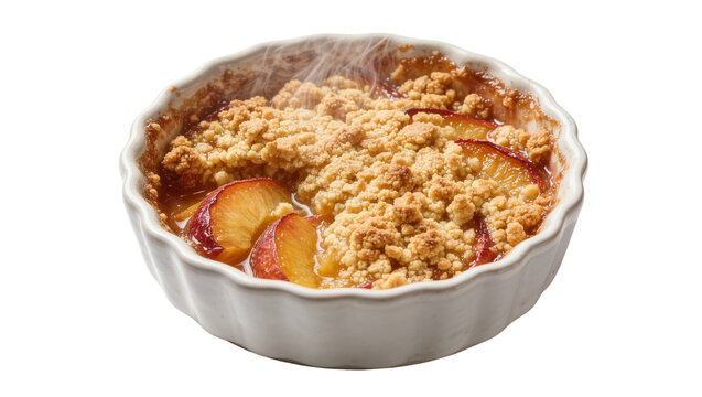 Hot peach crumble dessert in a white ramekin, isolated on transparent background