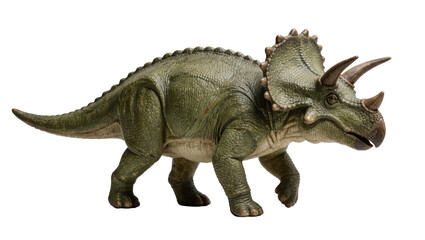 Green Triceratops dinosaur toy with three horns, isolated on transparent background © Luke
