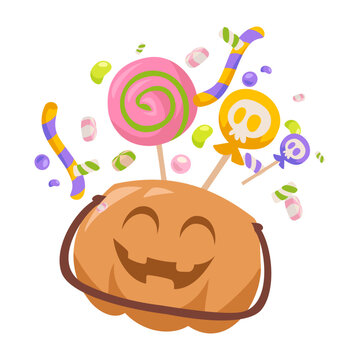 Cute Halloween pumpkin bucket with candies and lollipops vector illustration