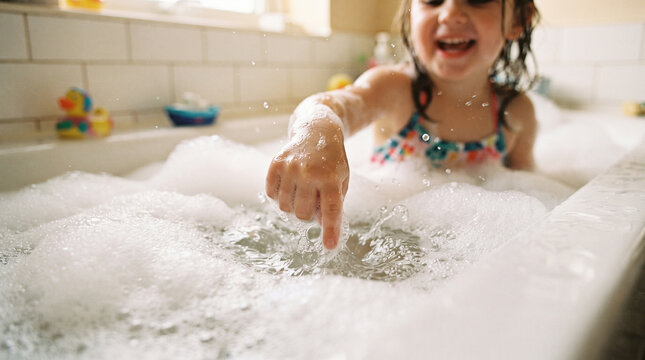 Bubble Joy: A young girl gleefully plays in a bubble-filled bathtub, her hand reaching out to pop a bubble, surrounded by bath toys, capturing a moment of pure childhood delight.