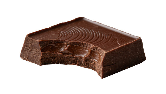 Dark chocolate bar piece with a bite mark, isolated on transparent background