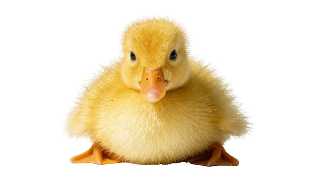 Fluffy yellow duckling with orange beak and feet, isolated on transparent background