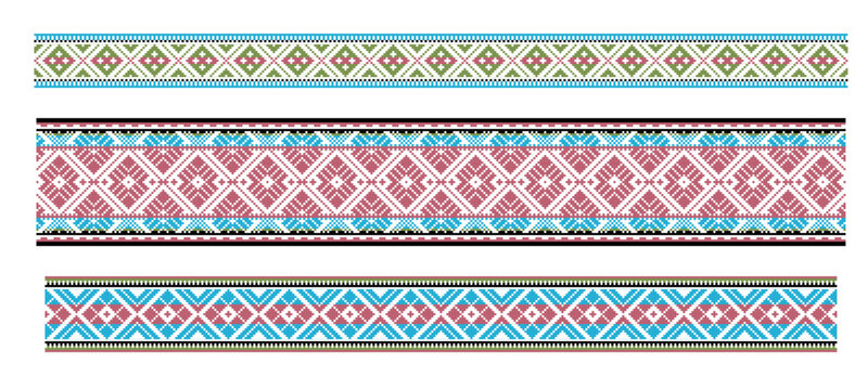 Vector set features traditional Lithuanian ornamental border bands paired with standalone diamond-shaped folk symbol logos, ideal for cultural, ethnic and folk-themed design projects