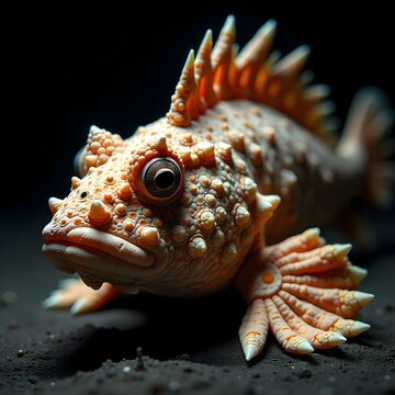 fantasy spiky frogfish with horned fins resting on ocean floor, fine art marine creature concept.