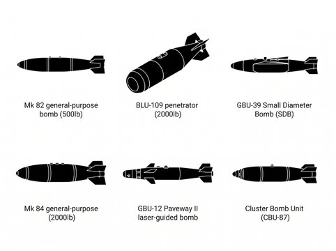Collection of aerial bomb silhouettes with descriptive labels on a white background