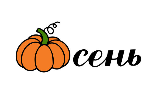 Autumn calligraphy lettering in Russian with pumpkin. Inspirational autumn quote Cyrillic inscription. Vector template for typography poster, banner, shirt design, mug, etc.