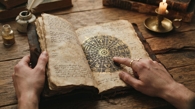 Ancient Grimoire: Hands tracing the mystical symbols within a worn, leather-bound grimoire, casting an ethereal glow under the candlelight, evoking a sense of ancient knowledge and arcane wisdom.