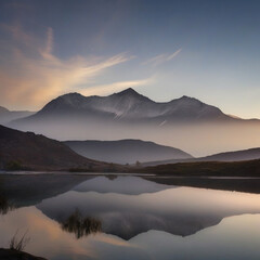 Fototapeta premium mountain lake at dawn with mirror reflection, calm, landscape
