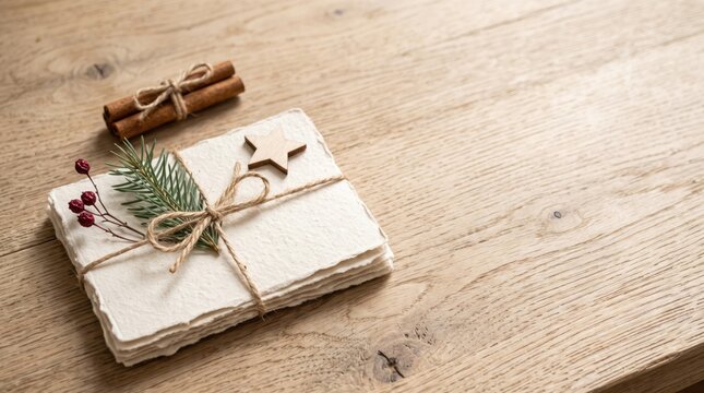 Stack of handmade paper cards decorated with a pine branch, red berries, and a wooden star on a rustic wooden table with copy space