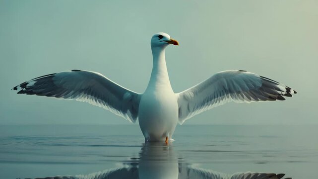 Seagull standing in calm shallow water with wings spread, coastal bird and marine wildlife scene with peaceful natural atmosphere