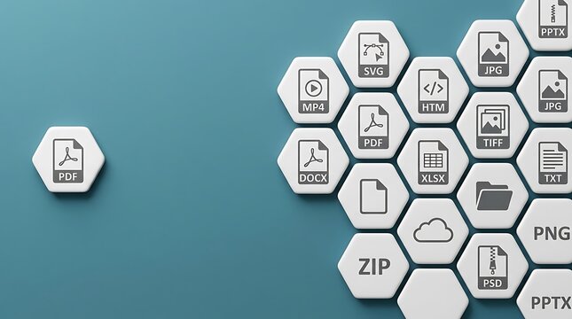 Hexagonal File Format Icons Showing Various Document Types Arranged Together
