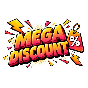 Mega discount promotional banner design with 3D text and comic style
