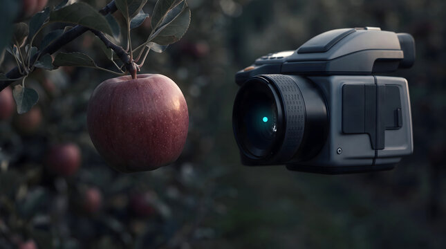 Advanced camera technology captures detailed images of a ripe apple on a tree branch in an orchard.