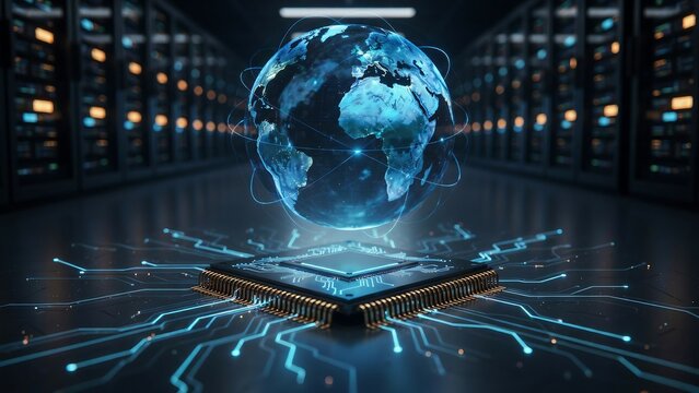 Modern digital globe connected to advanced processor chip technology illustration