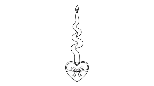 Hand drawn line art illustration of a tall spiraled candle resting in a heart shaped holder with illustration romantic vertical