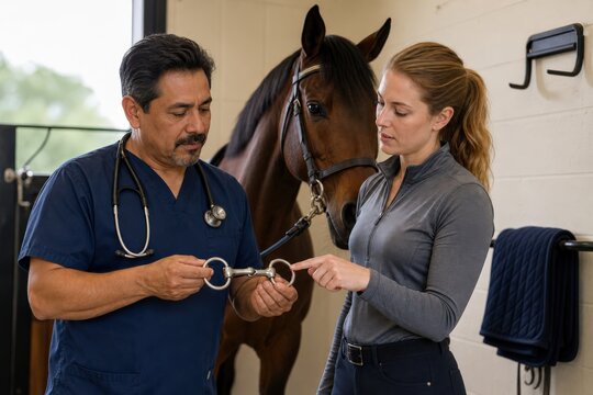 Equine dental examination - a veterinarian and trainer comparing a snaffle bit