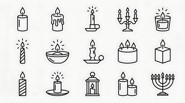 Collection of various candle icon designs in simple black line art style with collection celebration lighting candlestick