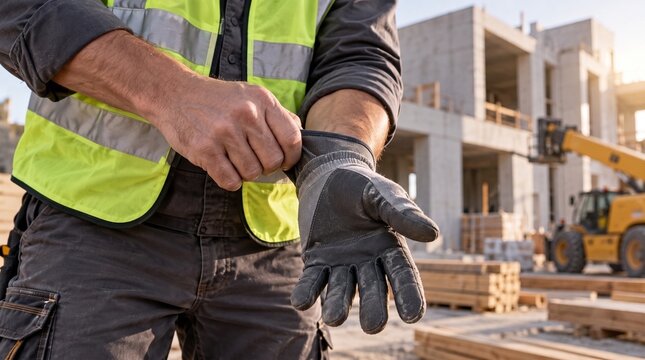 Bauarbeiter zieht Schutzhandschuh auf Baustelle an, Nahaufnahme von Arbeitsschutz und pers&ouml;nlicher Schutzausr&uuml;stung