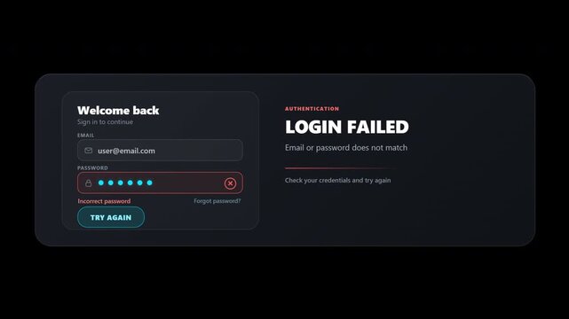 Login Failed Wrong Password Error UI Panel Transparent Alpha Channel 4K Animation