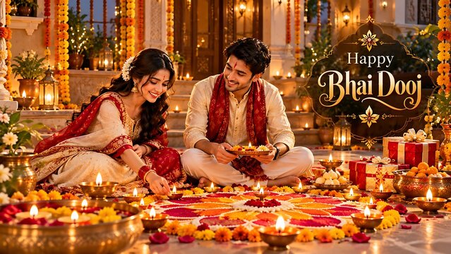 Indian siblings creating rangoli for bhai dooj festival decoration