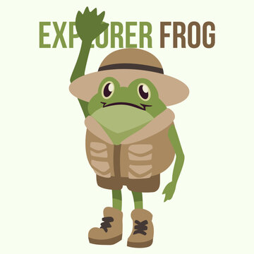 Cute explorer frog waving hand greeting safari character vector