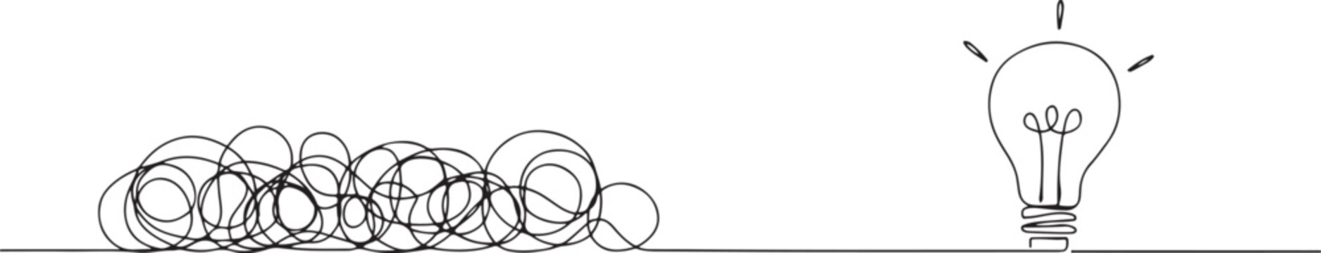 Tangled and scribble wires with light bulbs in One continuous line drawing. Concept of complex problem solving process and Clarifying idea in simple linear style. one line art icon drawing