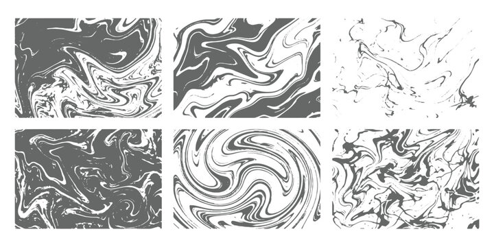 Abstract liquid marble texture backgrounds set with elegant grey swirling fluid paint surface vector illustration.