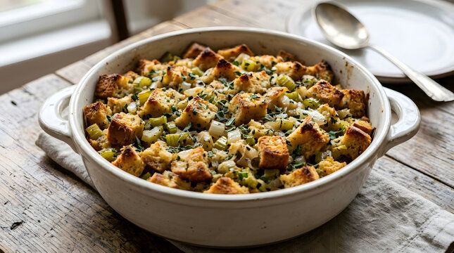 Traditional stuffing in a ceramic baking dish on a wooden table. Homemade holiday side dish