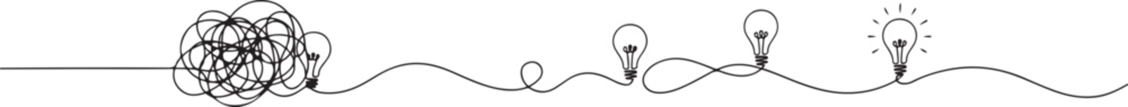 Tangled and scribble wires with light bulbs in One continuous line drawing. Concept of complex problem solving process and Clarifying idea in simple linear style. one line art icon drawing