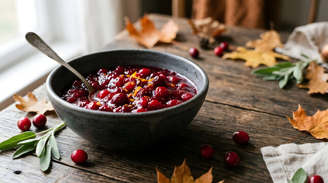 Fresh cranberry sauce with orange zest in a ceramic bowl. Autumn Thanksgiving table decoration with fall leaves and sage