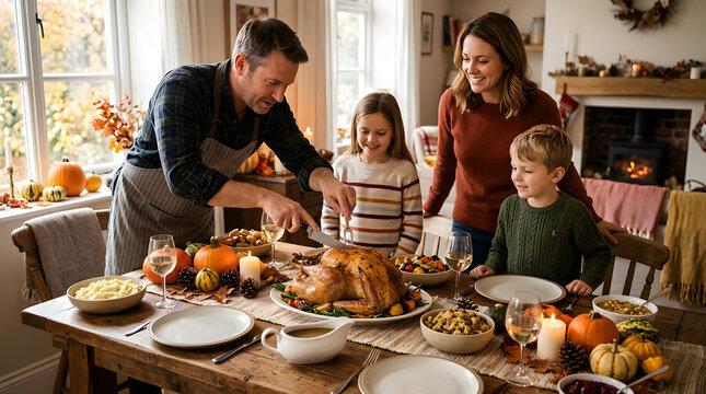 Father carving roasted turkey for his family at Thanksgiving table. Happy parents with children gathered for holiday dinner