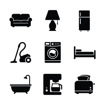 Black household appliances and furniture silhouette vector graphic design symbols with minimalist style