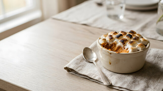 Individual sweet potato casserole with toasted marshmallows in ceramic ramekin. Traditional Thanksgiving holiday side dish. Copy space