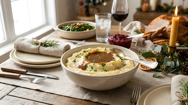 Bowl of mashed potatoes with savory gravy on holiday dining table. Traditional Thanksgiving feast with roasted turkey and side dishes