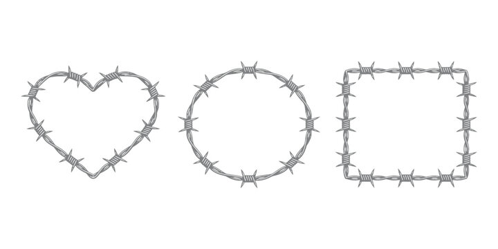 Hand drawn barbed wire frames set shaped as heart circle and square vector illustration.