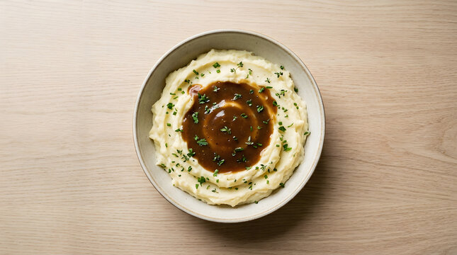 Overhead view of creamy mashed potatoes topped with brown gravy and herbs. Delicious homemade side dish in ceramic bowl. Flat lay