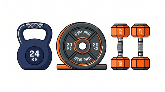 Fitness gym weight training equipment set, dark blue 24 kg kettlebell, orange 20 kg barbell plate, twin 15 kg hexagonal dumbbells for workout design