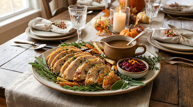 Roasted turkey on a platter with gravy and cranberries. Thanksgiving dinner centerpiece