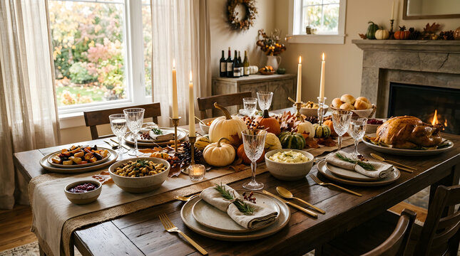 Thanksgiving dinner table setting with roast turkey and side dishes. Festive holiday feast with autumn decor