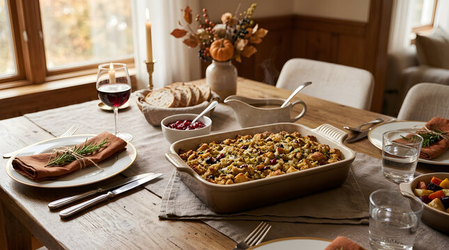 Thanksgiving stuffing in a baking dish on a holiday dinner table. Traditional side dish for autumn feast