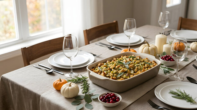 Thanksgiving stuffing in a ceramic dish on a holiday dinner table. Traditional autumn meal setup