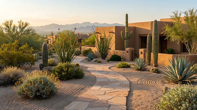 Beautiful desert house with cactus plants and stone walkway in sunny arizona landscape. arizona front yard 