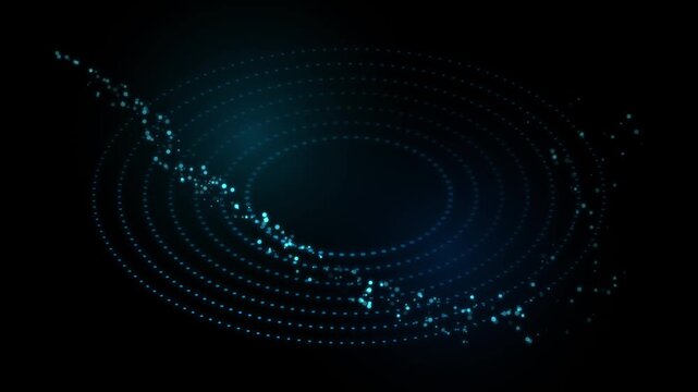 Abstract Digital Particles Flowing Along Circular Orbits in a Dark Space Background for Technology Motion Graphics