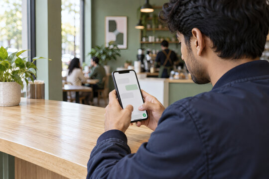 Close-up of a young man using an AI assistant chat on his smartphone at a cafe counter