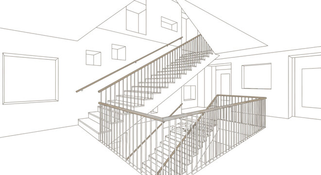 Interior staircase architectural sketch illustrates a multi level modern building design with perspective wireframe lines.