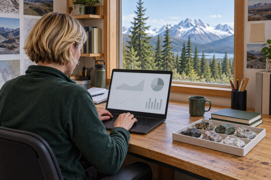 Environmental scientist compiling a field report with an AI assistant at a research station