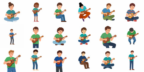 Fototapeta premium Set of flat vector illustrations featuring diverse children and young people playing the ukulele in various poses, isolated on white background.