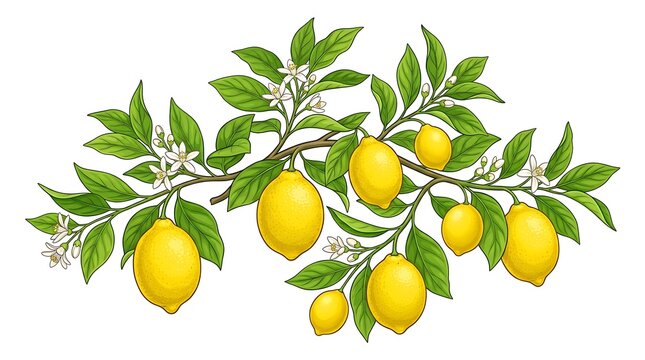 Handdrawn illustration of a fresh lemon tree branch with yellow fruits and white flowers