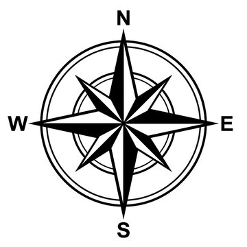 Black and white compass rose icon representing cardinal directions for navigation